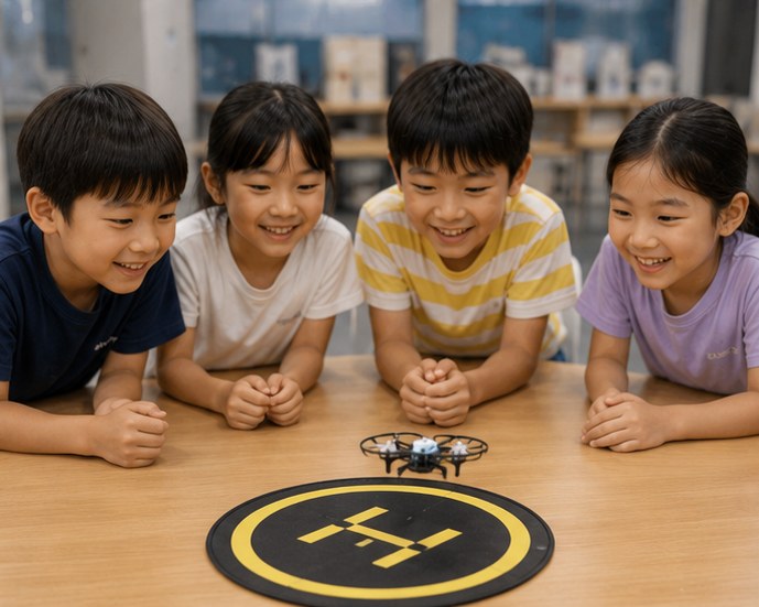 Four students watching a mini drone on a landing pad